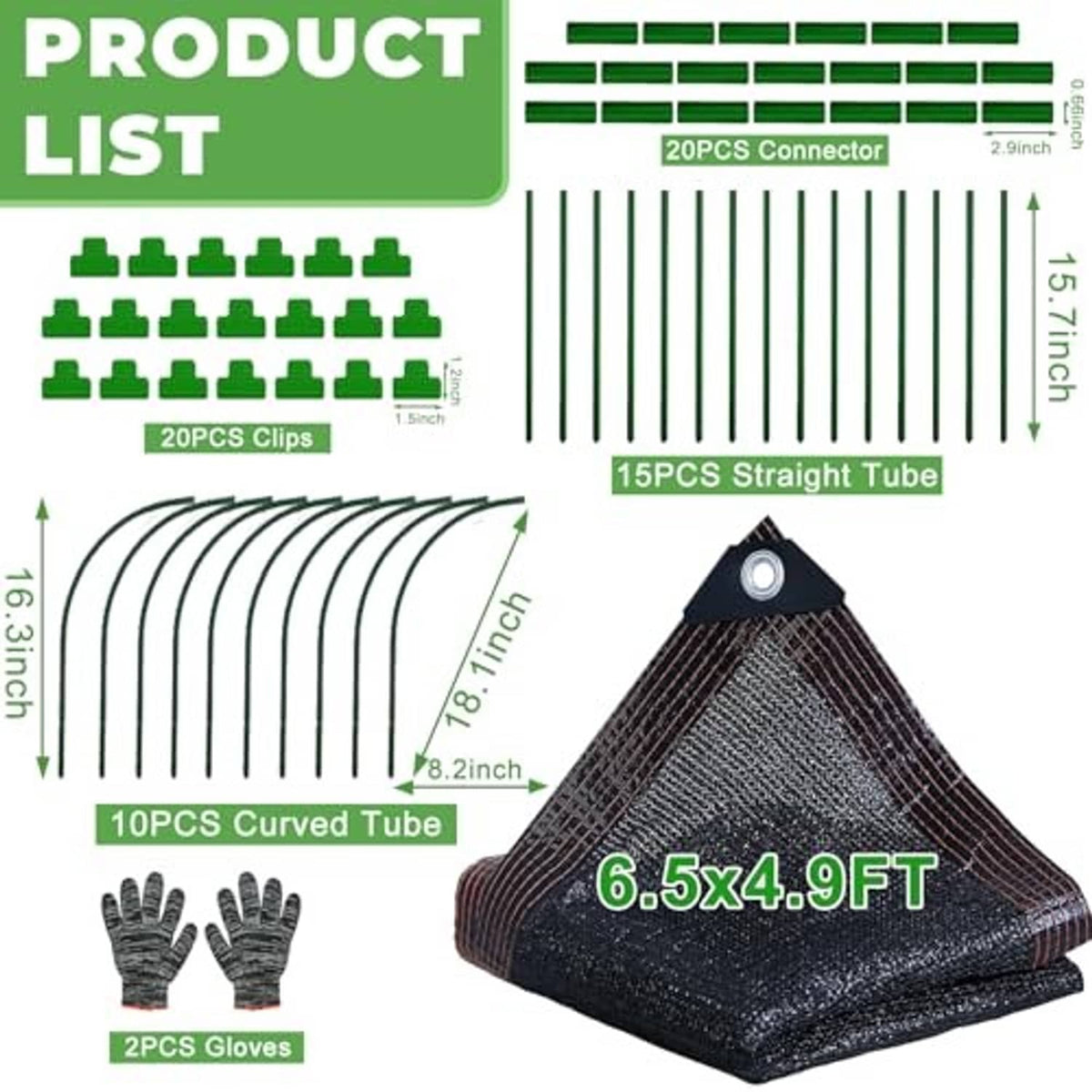 Garden shade cloth kit parts diagram: clips, tubes, connectors, and gloves
