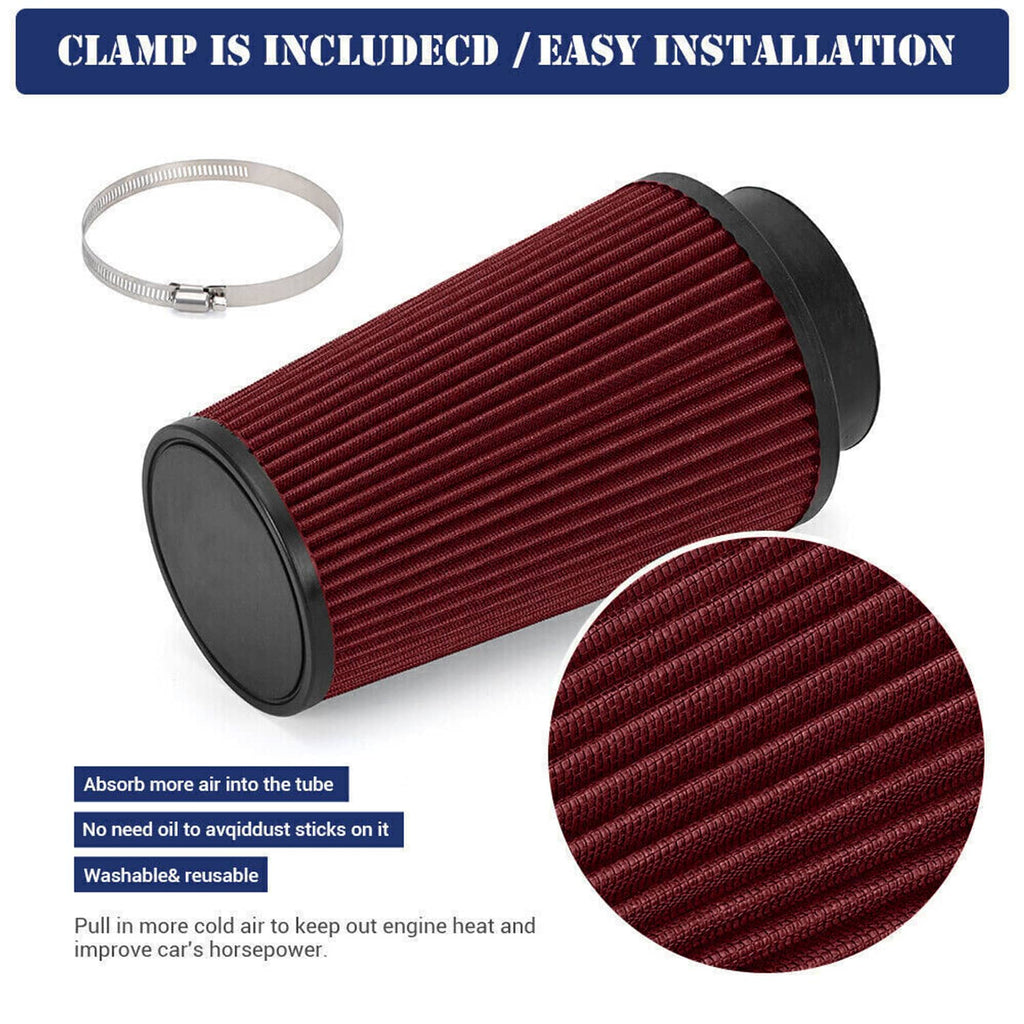 Red pleated cone air filter with clamp and filter detail close-up, intake kit included.