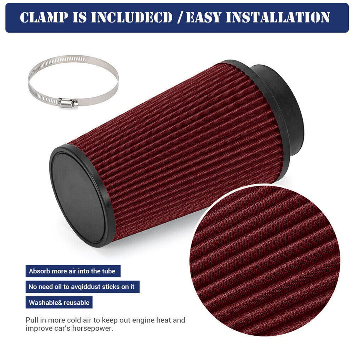 Red pleated cone air filter with clamp and filter detail close-up, intake kit included.