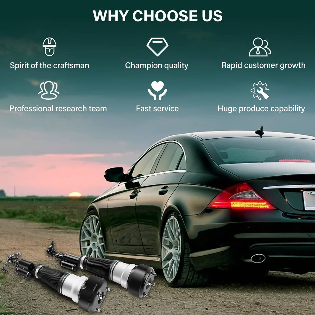 Air suspension strut pair laid beside a sedan with why-choose-us icons