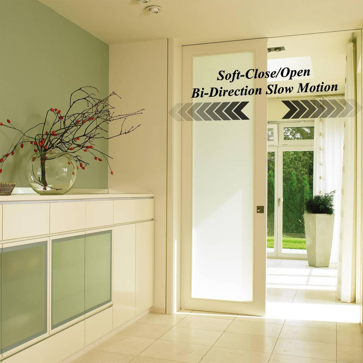 Soft-close/open bi-direction door motion kit shown on an interior doorway scene