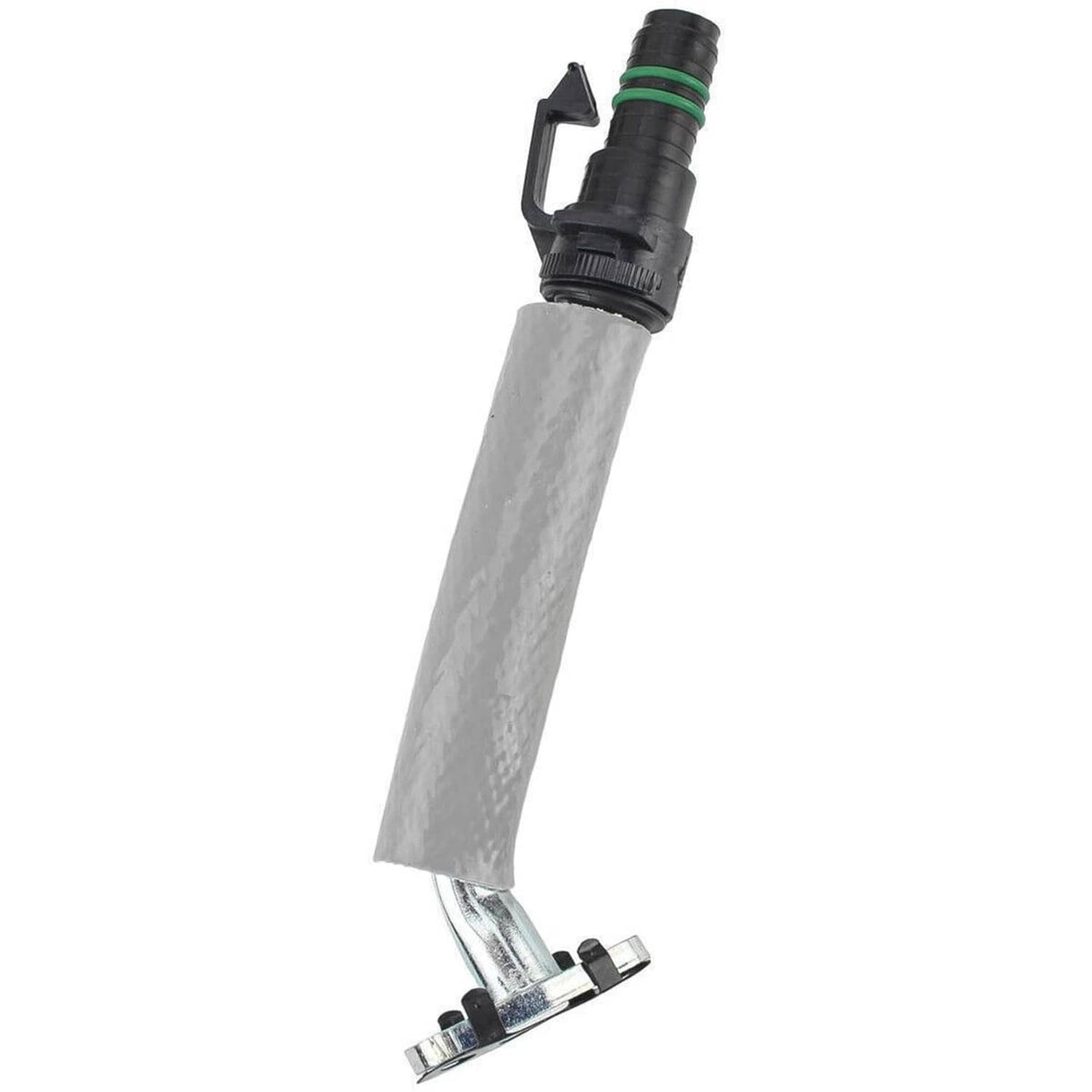 Coolant return hose line with black sensor-style connector and protective sleeve