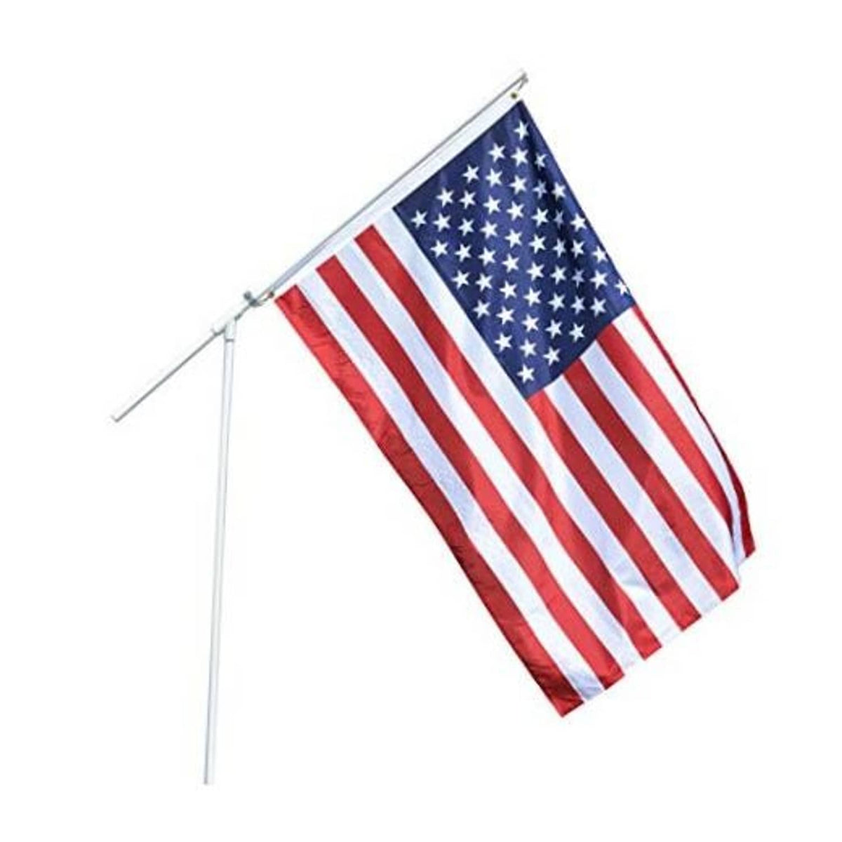Portable flagpole with U.S. flag mounted on tall white pole