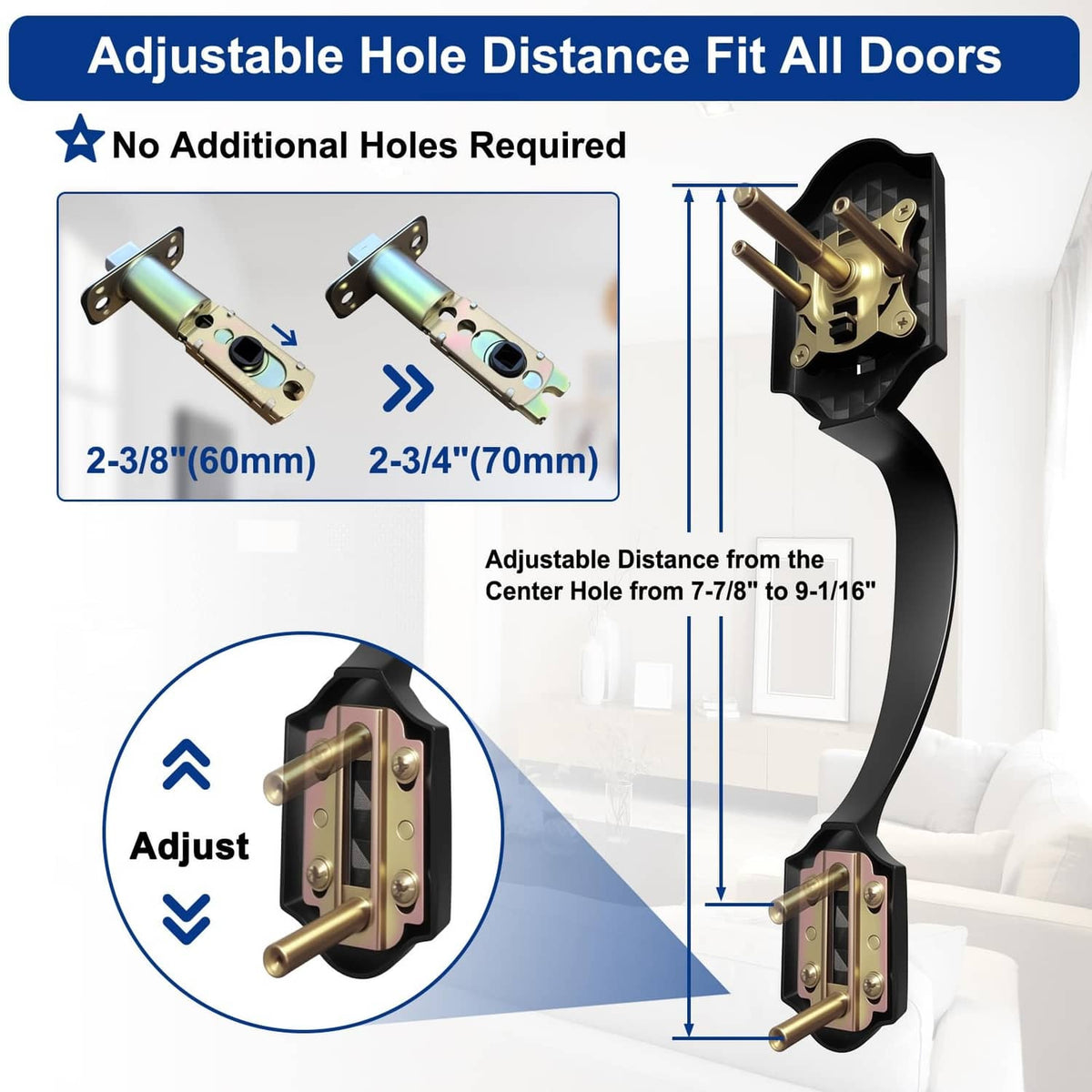 Oil-rubbed bronze front door handle without lock, adjustable mounting plate and hardware