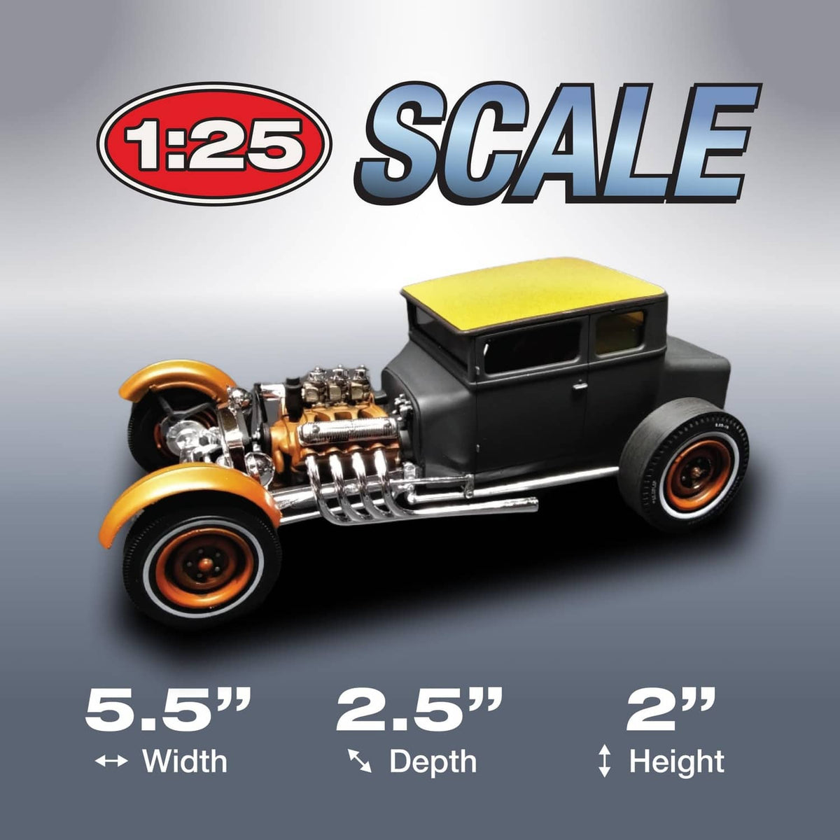 1:25 scale chopped 1925 Ford T roadster model kit, black body and yellow-tan top