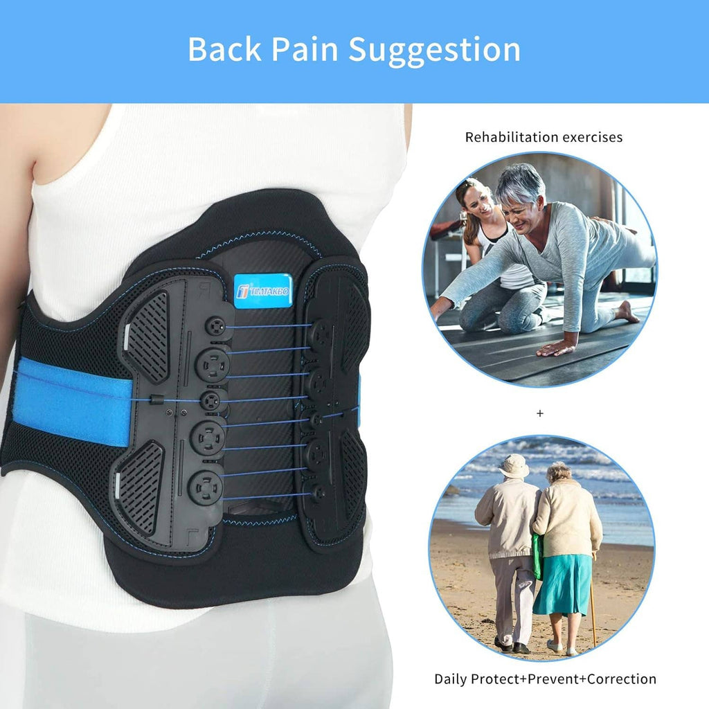 Black back brace on torso with blue lumbar support band and adjustable closures