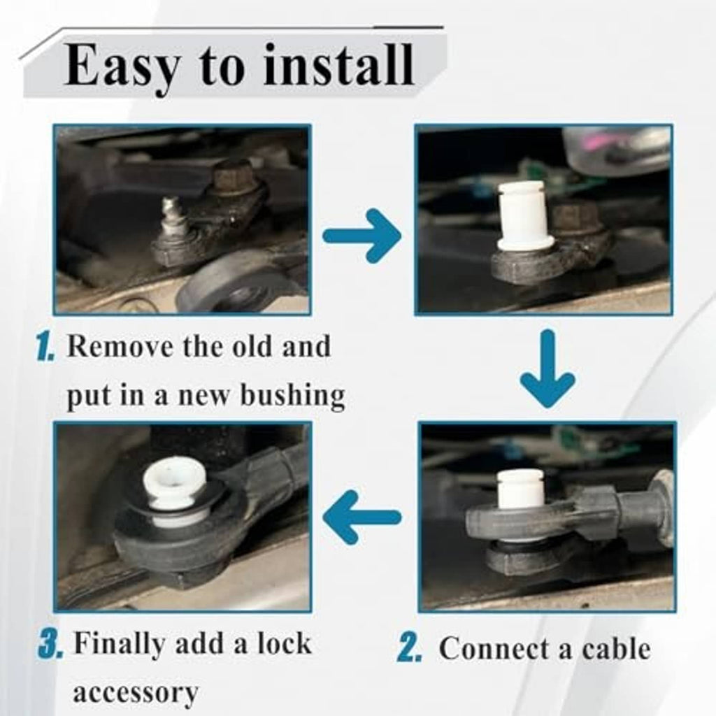 Automotive shifter cable bushing kit shown during installation: white bushings with black inserts
