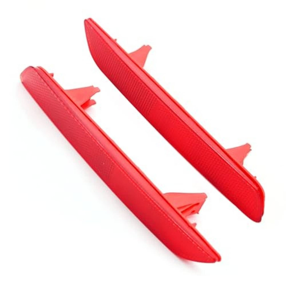Pair of red rear bumper reflector lights, left and right angled views