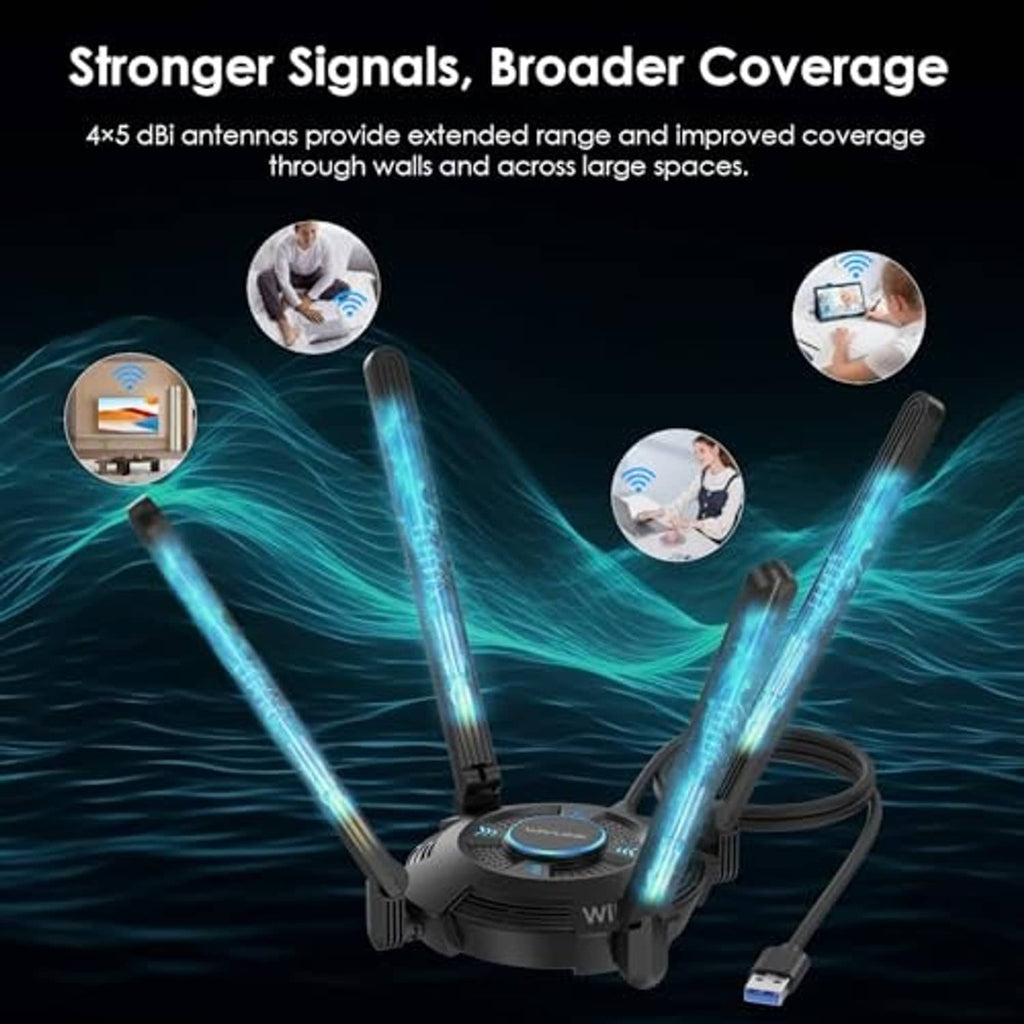 Black USB WiFi adapter with three antennas and glowing light effects on top