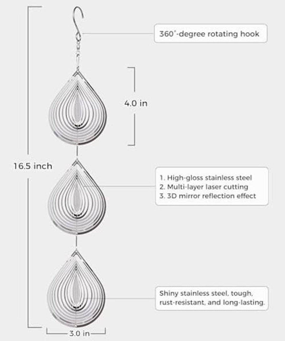 Teardrop reflective bird scare disc with 360-degree rotating hook and loop hanger