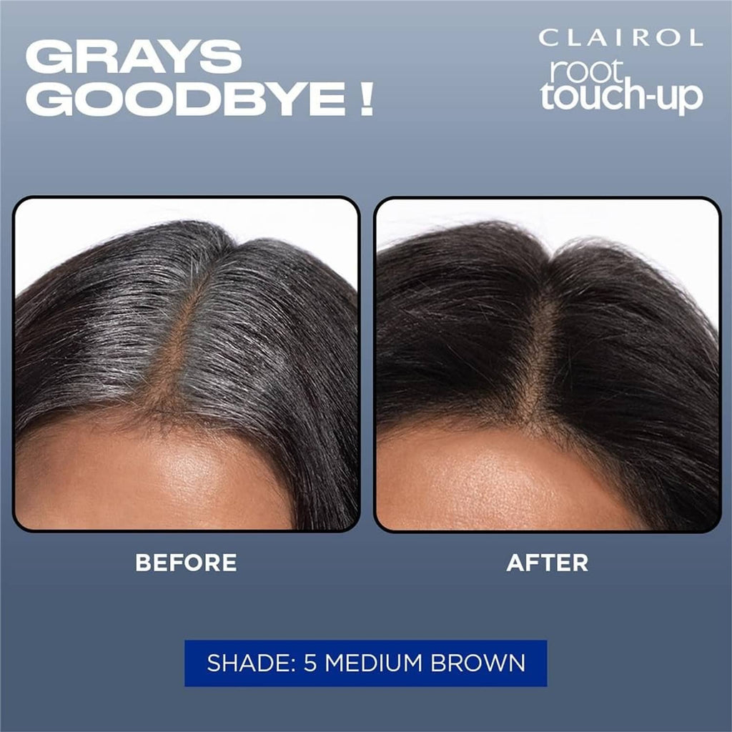 Clairol root touch-up before-and-after panels for grey coverage