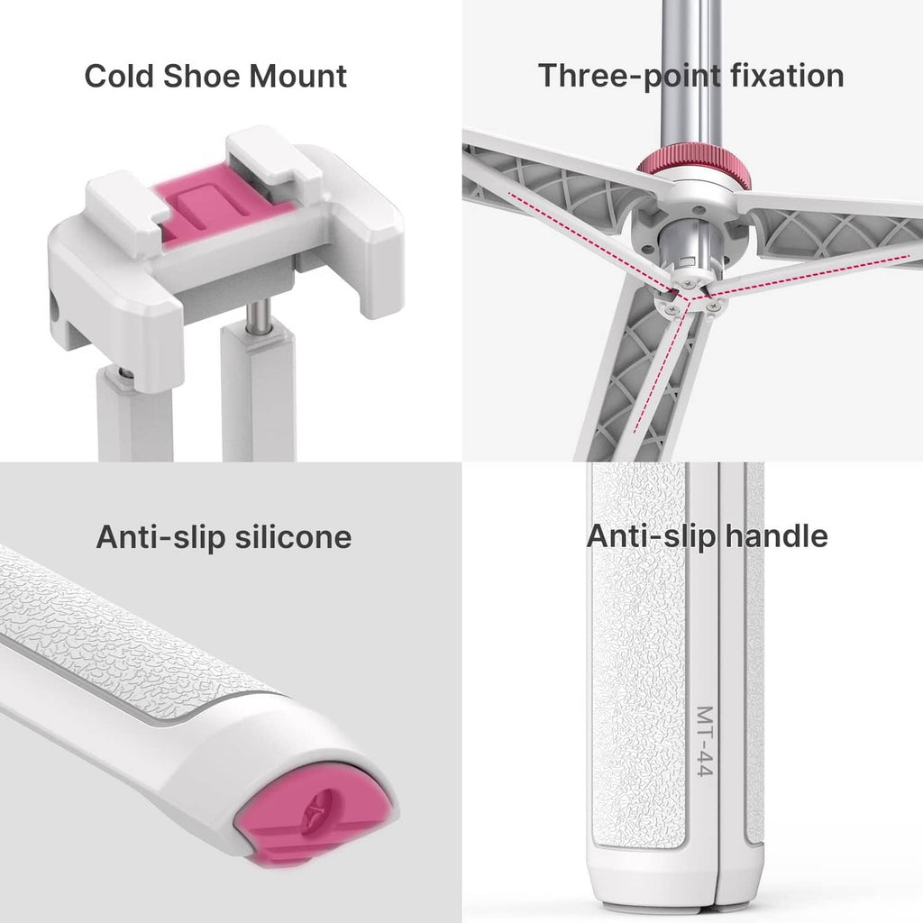 White cold-shoe phone tripod mount with anti-slip silicone handle