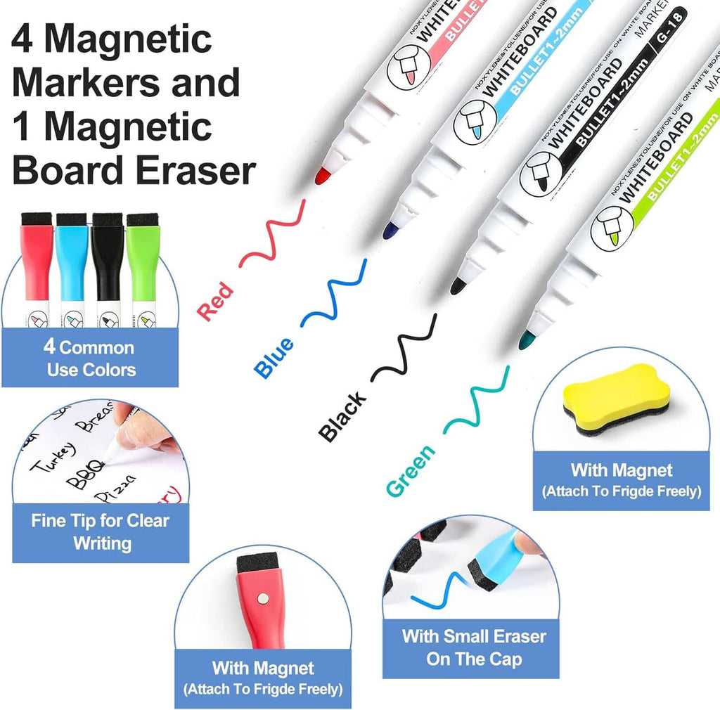 Magnetic dry erase board sheets with colored markers and yellow eraser magnet
