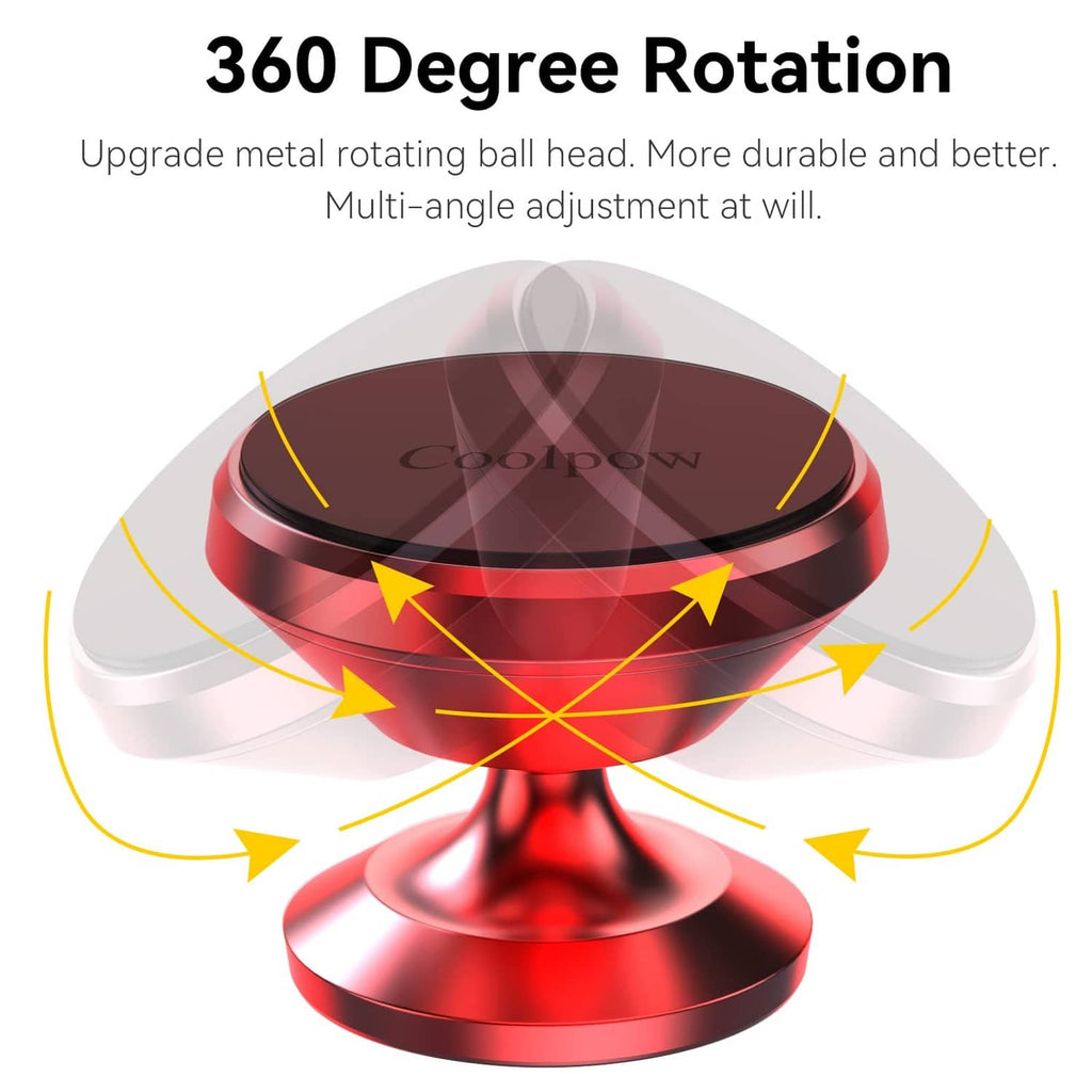 Red magnetic phone holder with 360-degree rotating head on a round metal base