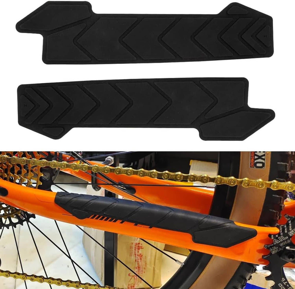 Black silicone chain guard stickers with chevron texture mounted on an orange bike frame
