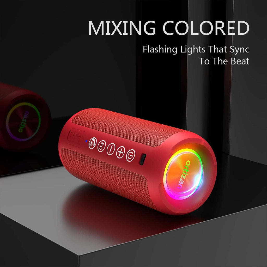 Red Ortizan portable Bluetooth speaker on a stand, side button panel with RGB light ring