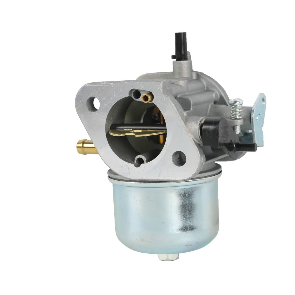 Carburetor with round intake bore, metal fuel canister, and fuel/air connections