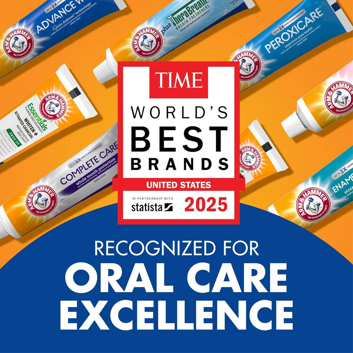 Assorted ARM & HAMMER Essentials toothpaste tubes with Oral Care Excellence recognition badge