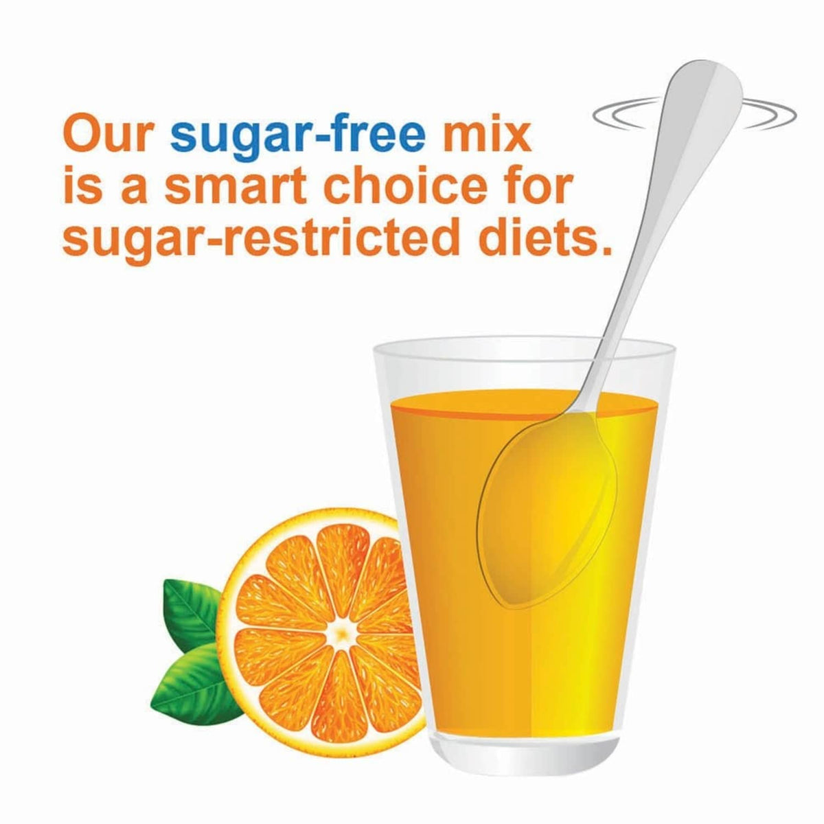 Sugar-free orange fiber powder mix shown with a glass of orange drink and spoon