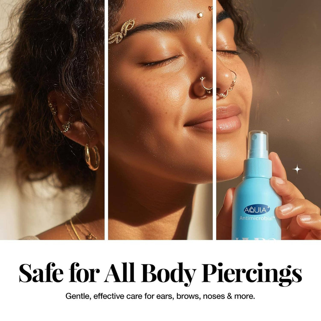 Hypochlorous acid spray bottle held near face, designed for gentle care