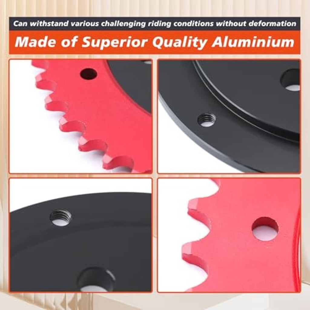 Close-up of red sprocket teeth and black center plate with mounting holes
