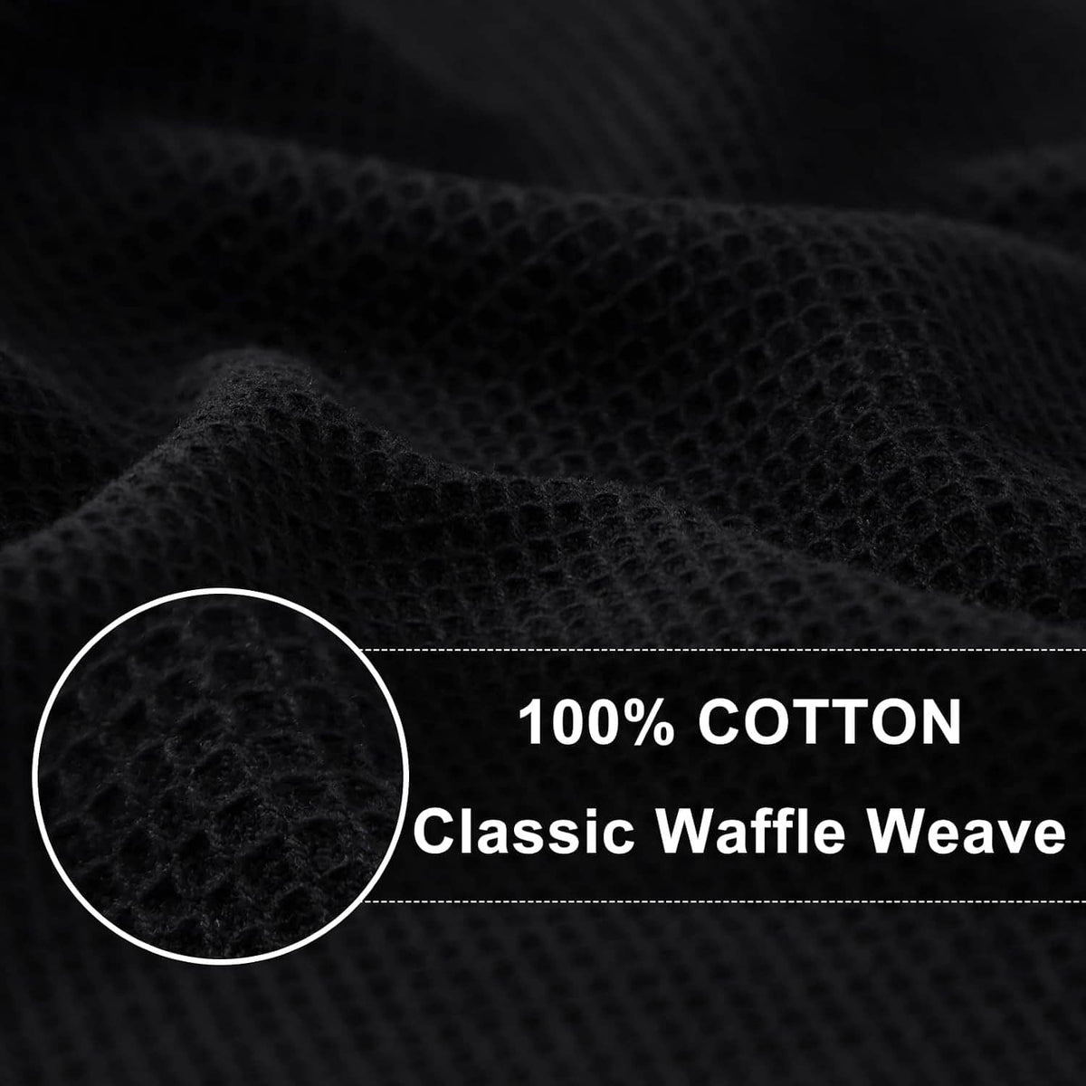 Black waffle weave cotton towel texture close-up, showing a honeycomb pattern