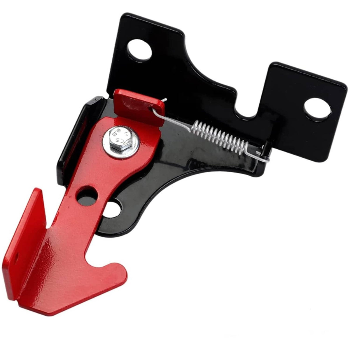 Red and black spring parking brake latch bracket with mounting plate and release lever