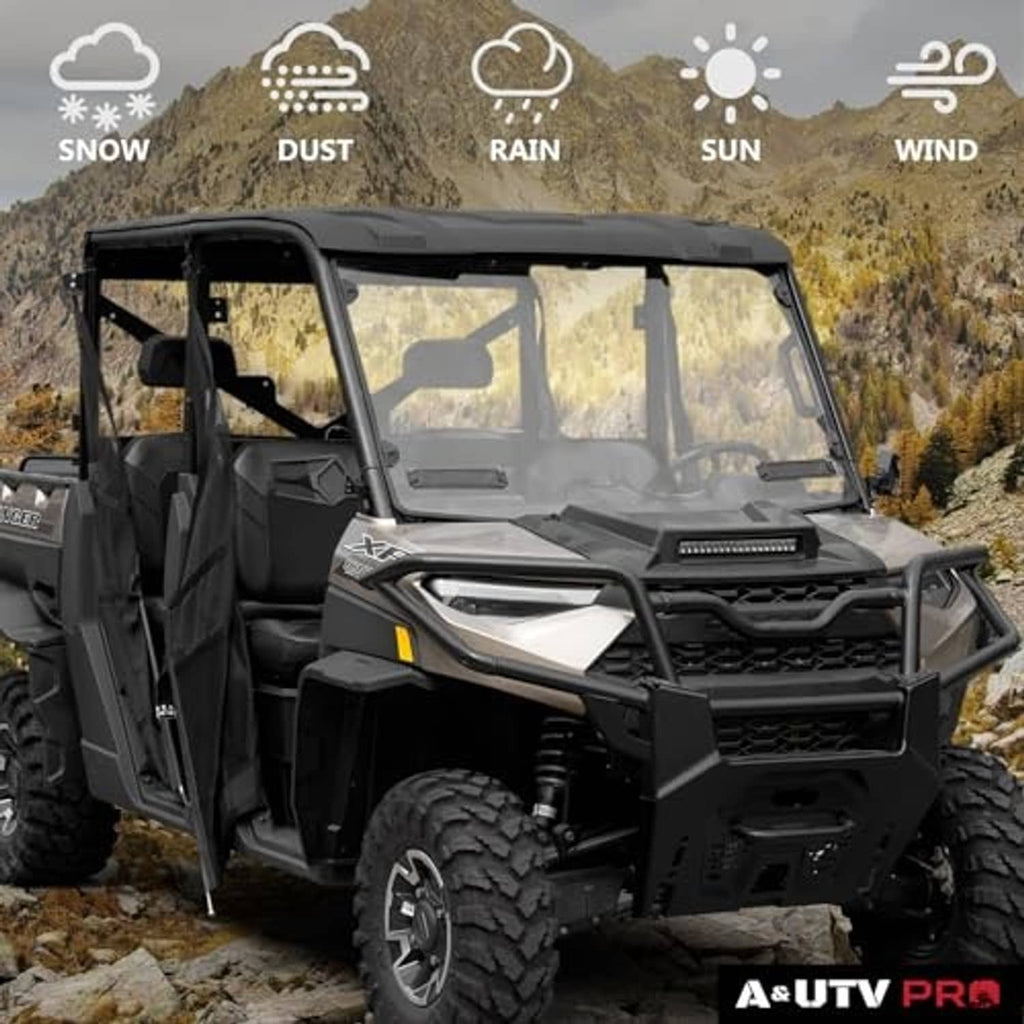 UTV front with installed windshield: dark frame and clear tinted panel
