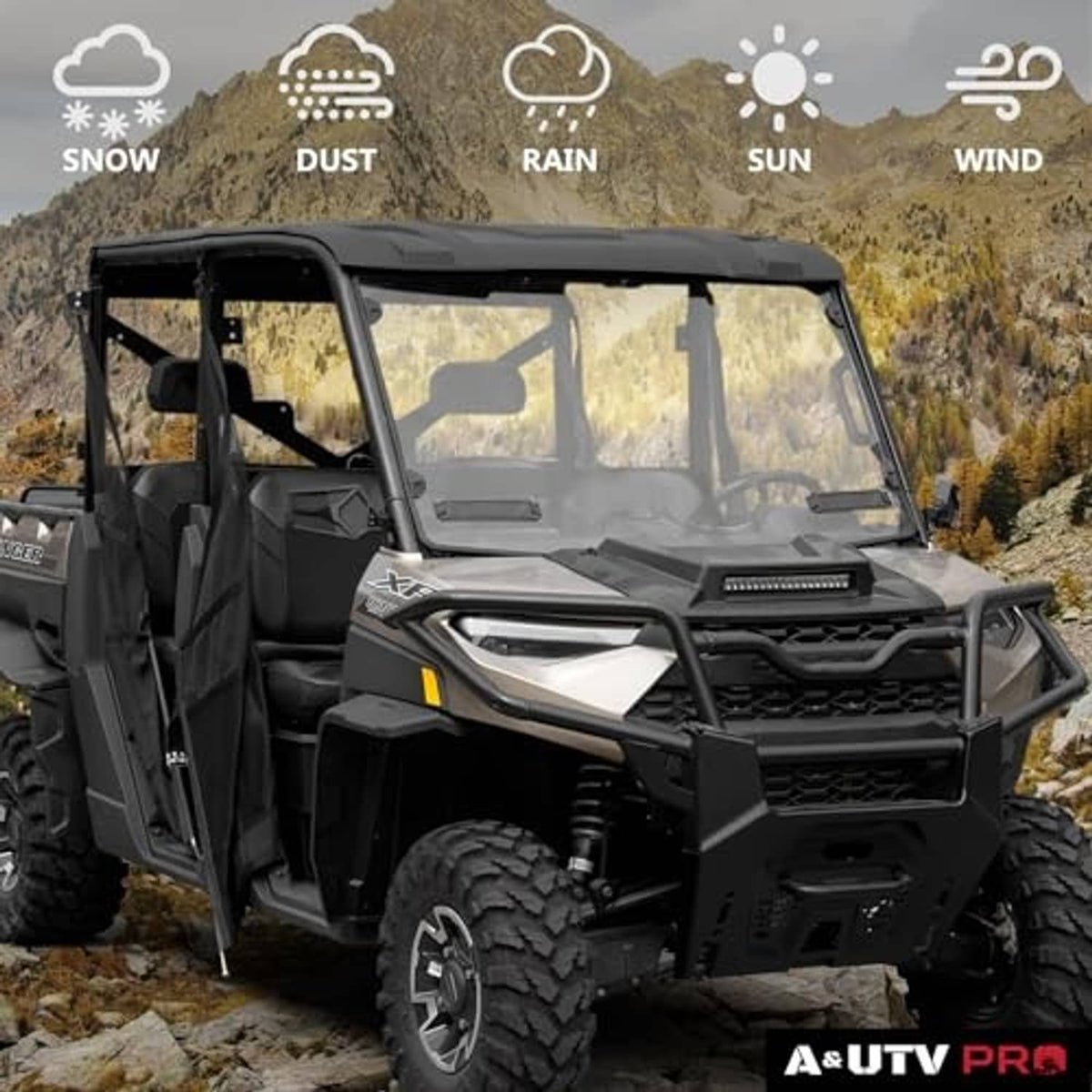 UTV front with installed windshield: dark frame and clear tinted panel