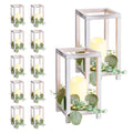 White wooden lantern with LED candle and faux eucalyptus greenery, stacked set display