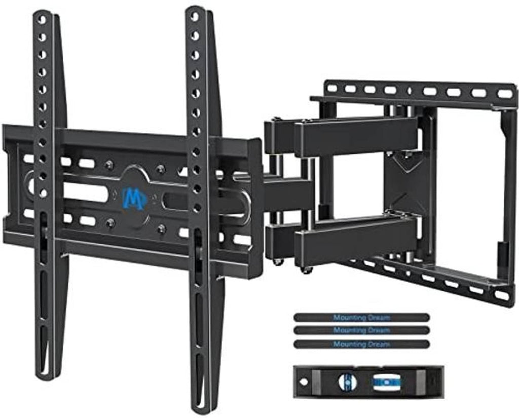 Black TV wall mount with extended hinge arms and flat mounting plate