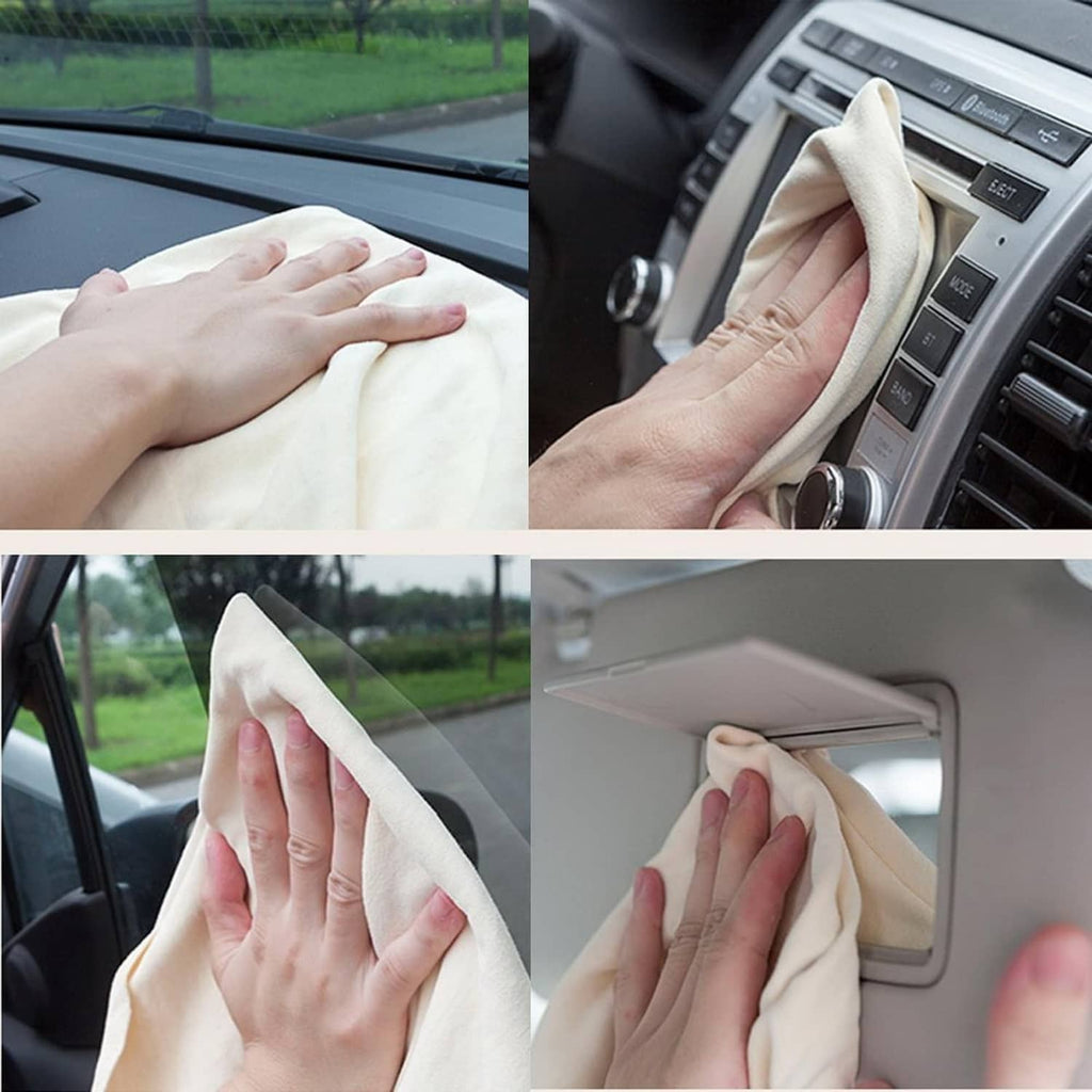 Off-white chamois leather cleaning cloth wiping car window, console, and interior panel