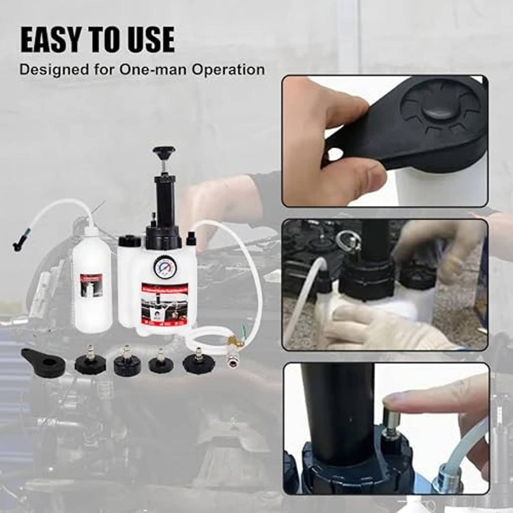 Brake bleeder kit parts with manual pump and hoses, shown for one-person use