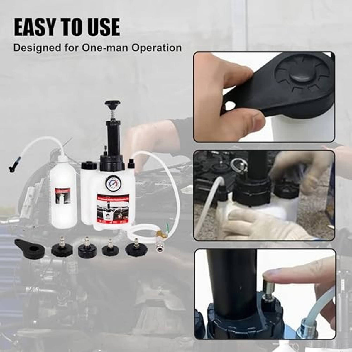 Brake bleeder kit parts with manual pump and hoses, shown for one-person use