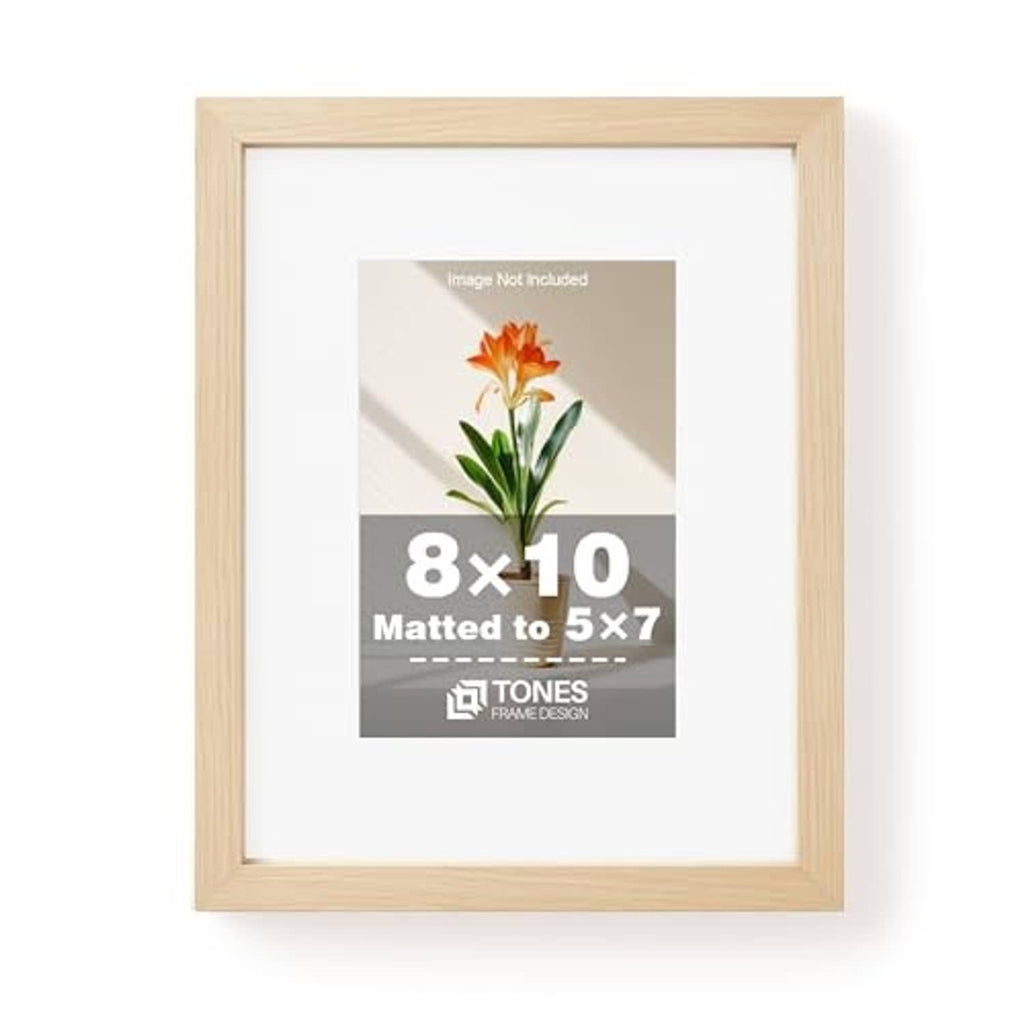 Natural wood veneer 8x10 picture frame with white mat for 5x7 photo