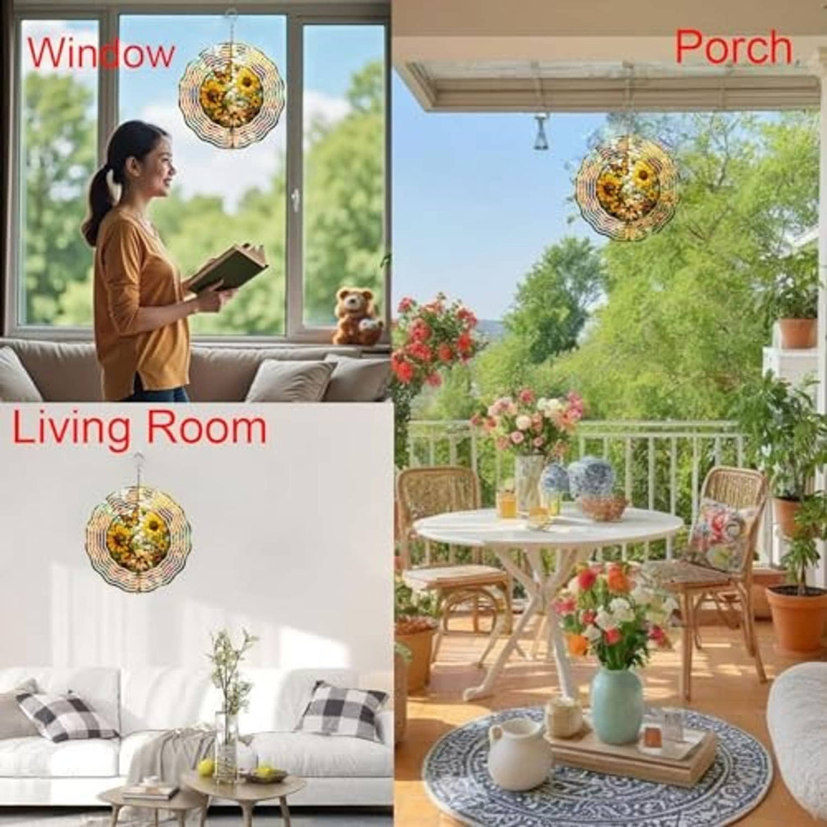 Hanging circular metal wind spinner with sunflower and butterfly floral print
