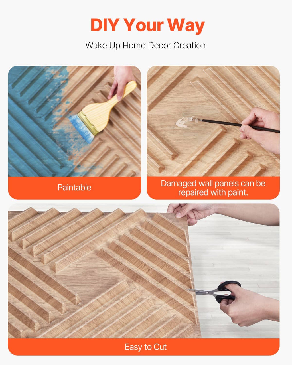 Light wood 3D slat wall panels with paintable surface, plus cutting and repair shown.