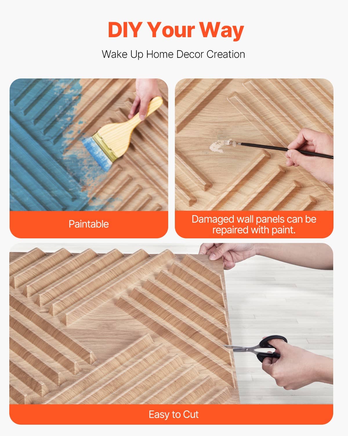 Light wood 3D slat wall panels with paintable surface, plus cutting and repair shown.