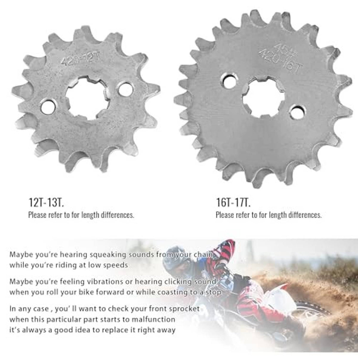 Front engine sprockets with 12T-13T and 16T-17T tooth options shown
