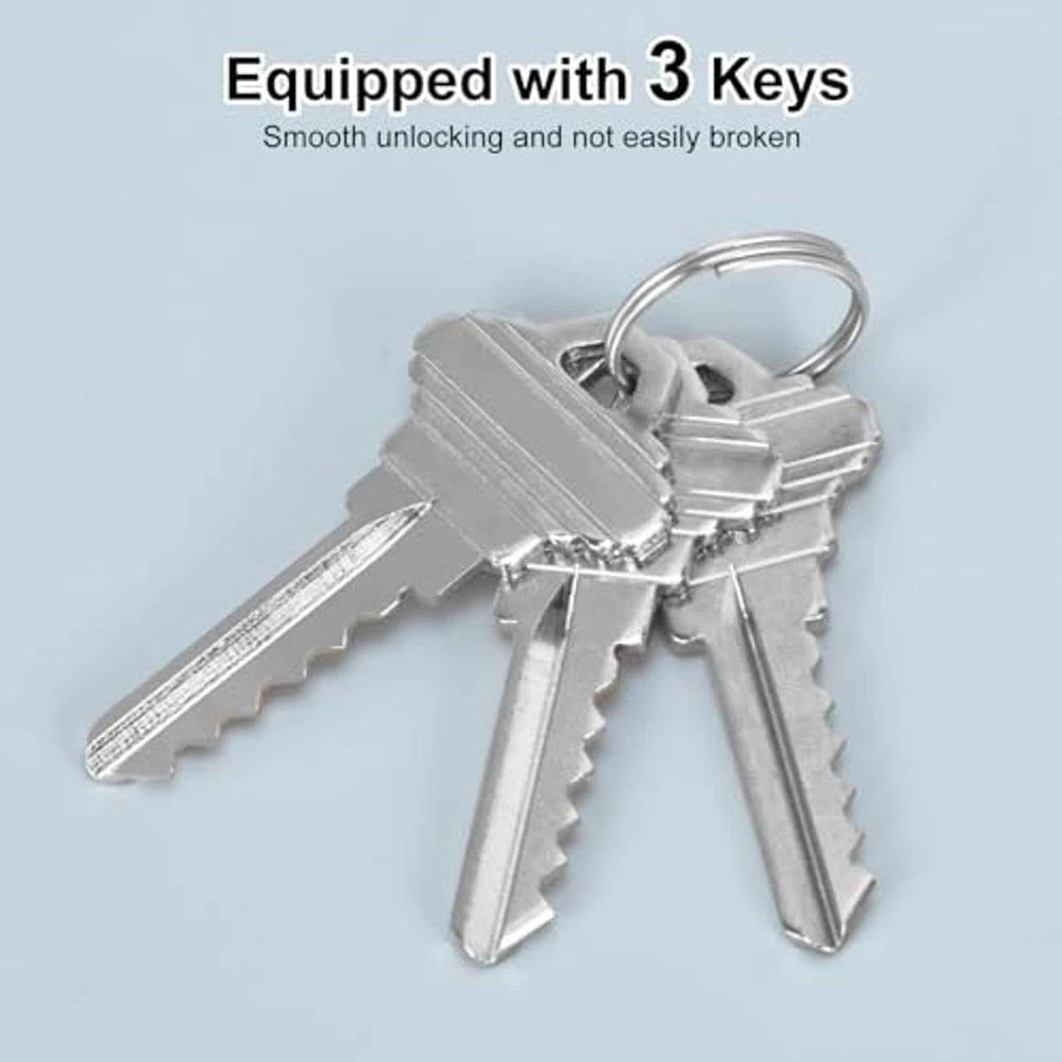 Mortise lock cylinder with 3 keys and key ring, silver face and brass barrel.
