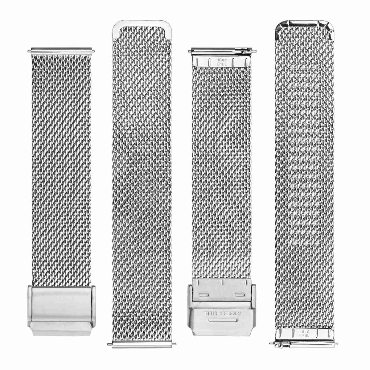 Silver metal mesh watch band shown from multiple angles of end lugs and clasp