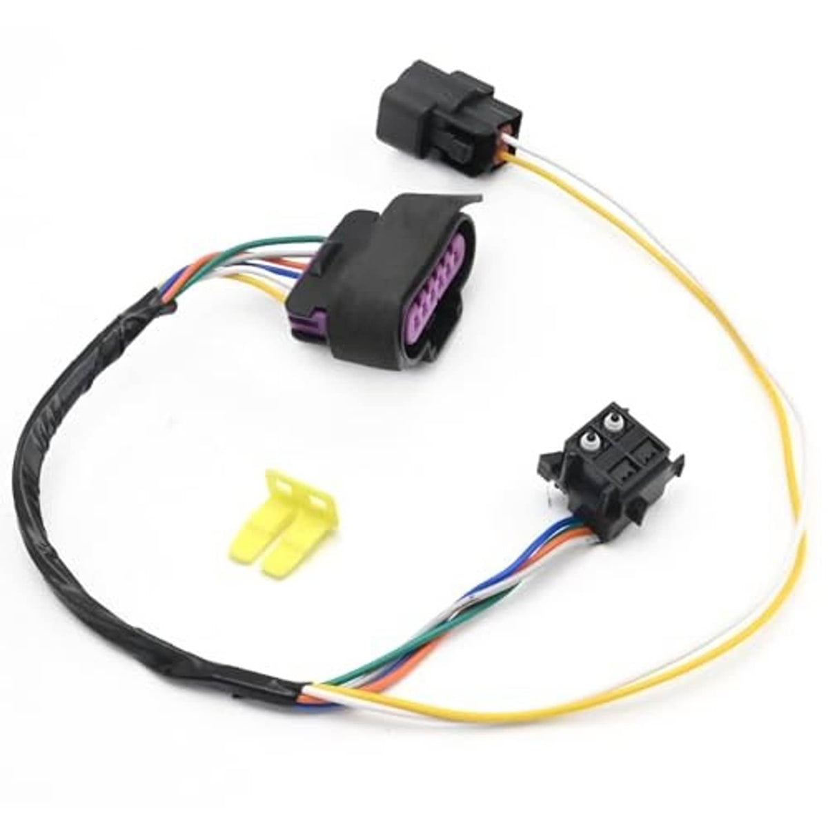 Door handle connector harness with purple multi-pin socket and colorful wire leads
