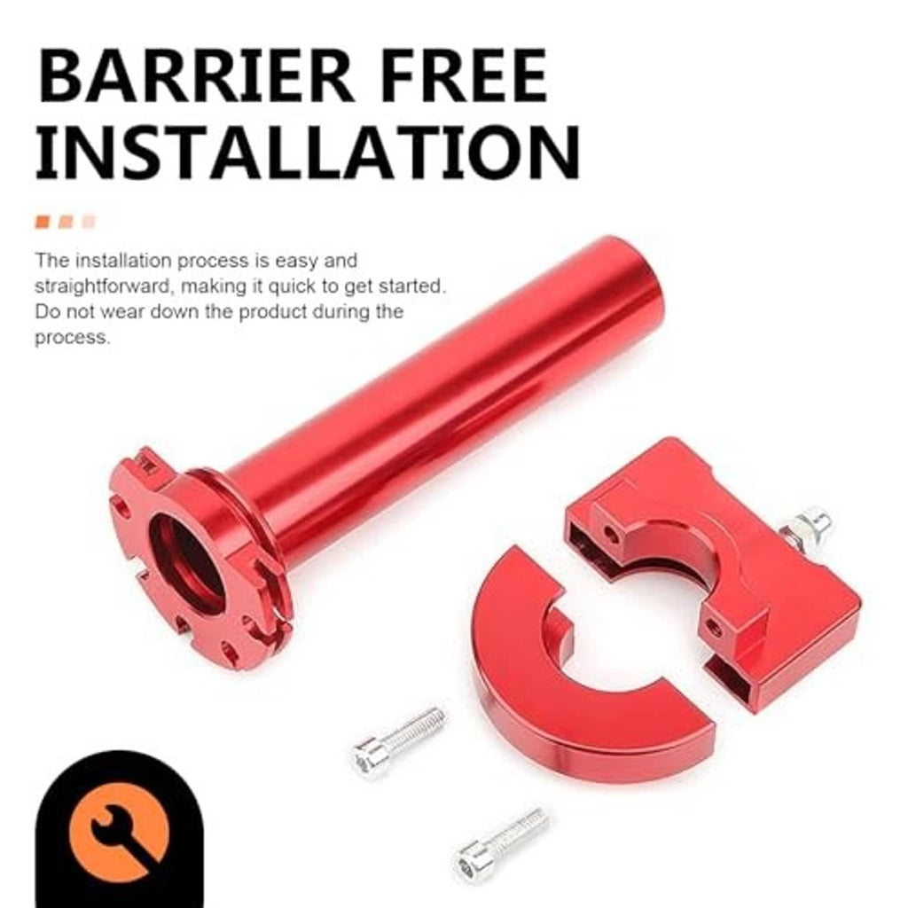 Red motorcycle throttle grip kit: throttle tube, clamp piece, and two screws