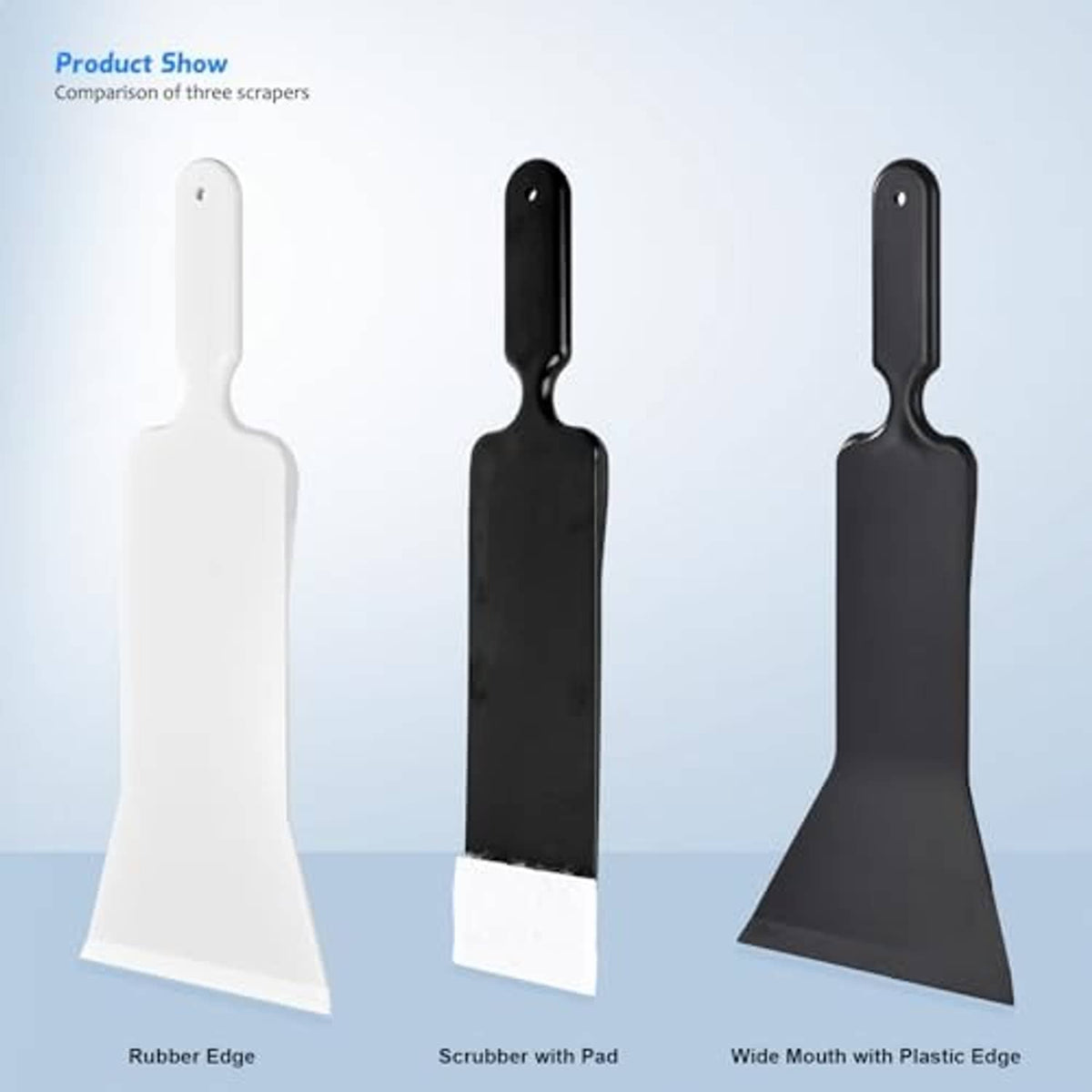 Three scraper heads with different edge shapes: rubber, scrubber pad, and wide plastic