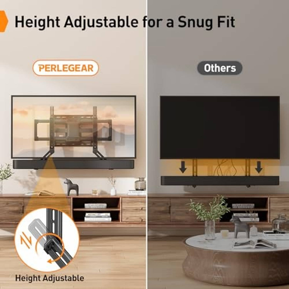 Height-adjustable soundbar mount bracket with arm adjustment knob