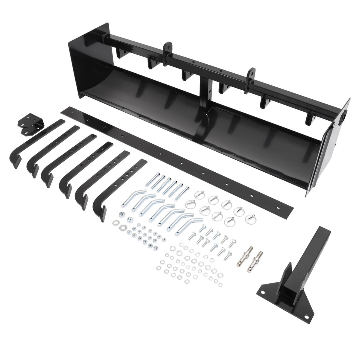 Tow-behind box scraper blade parts set: blade housing, curved teeth, and mounting plates