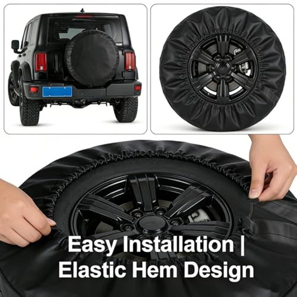 Black spare tire cover with elastic hem edge design, hands lifting the rim