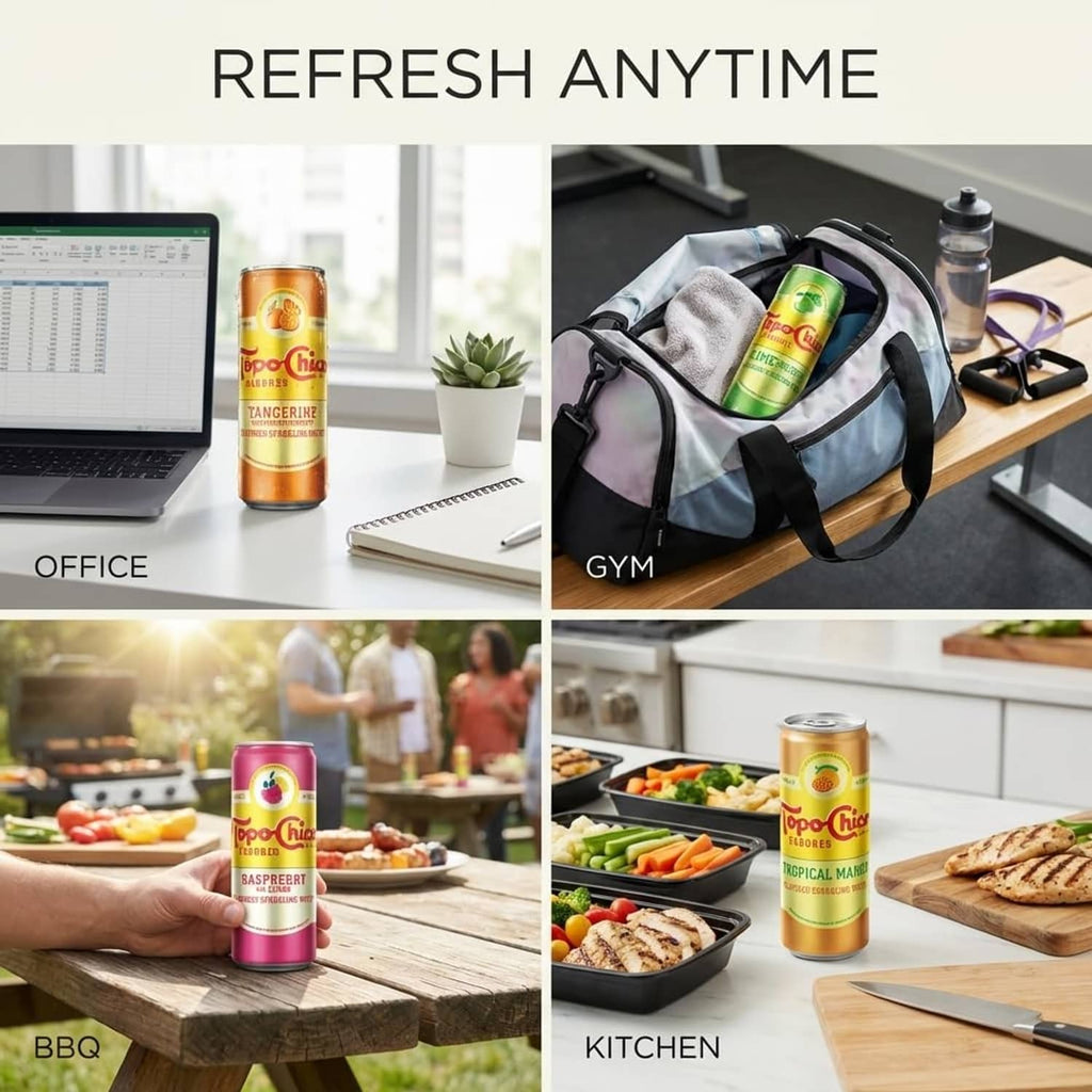 Topo Chico Sabores variety cans for office, gym, BBQ, and kitchen refresh