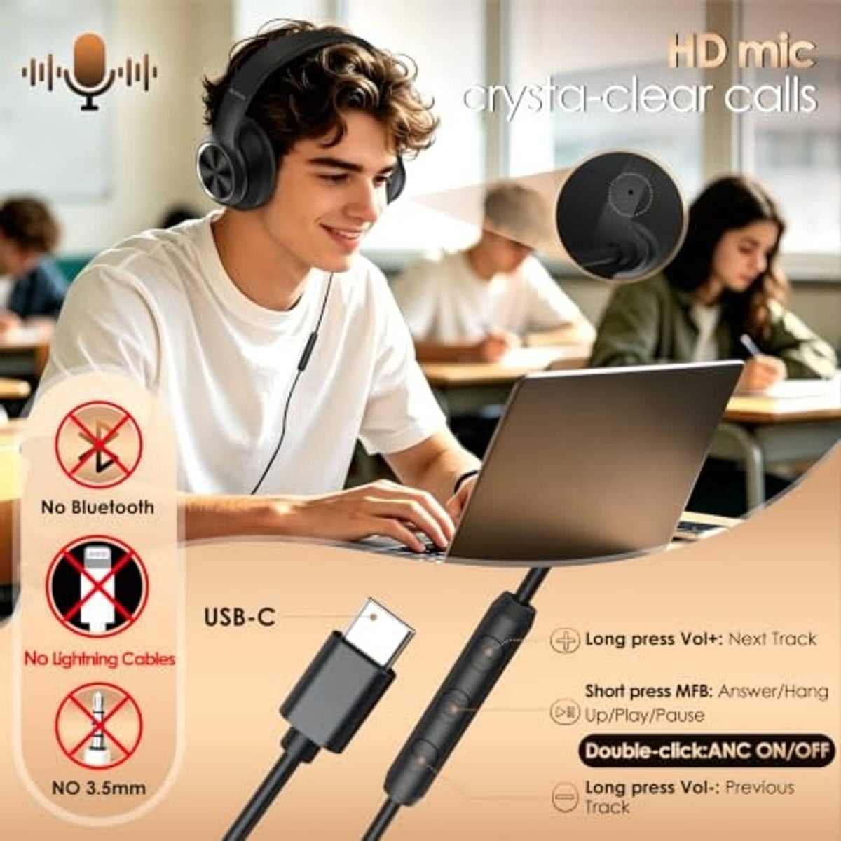 Black over-ear wired headphones worn on head, with USB-C cable
