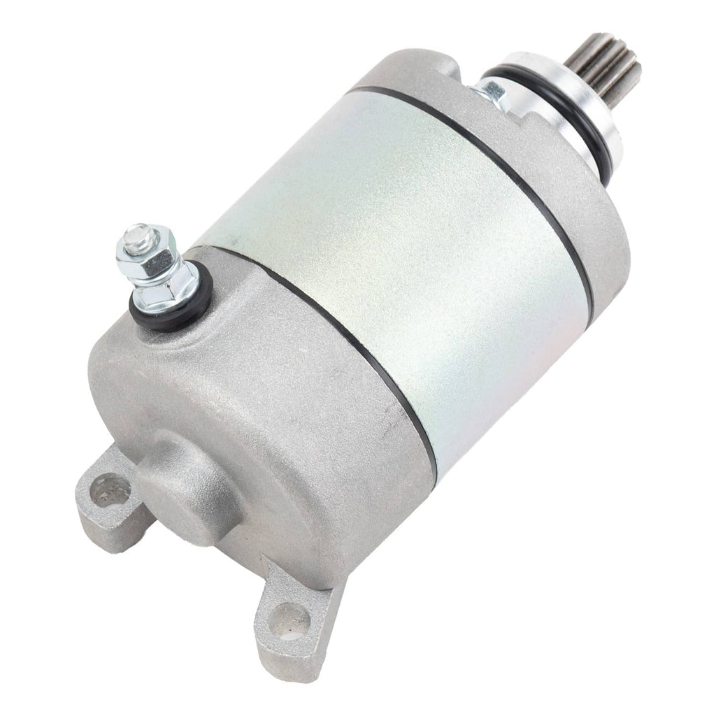 Starter motor with metal end caps and two top bolts, side view